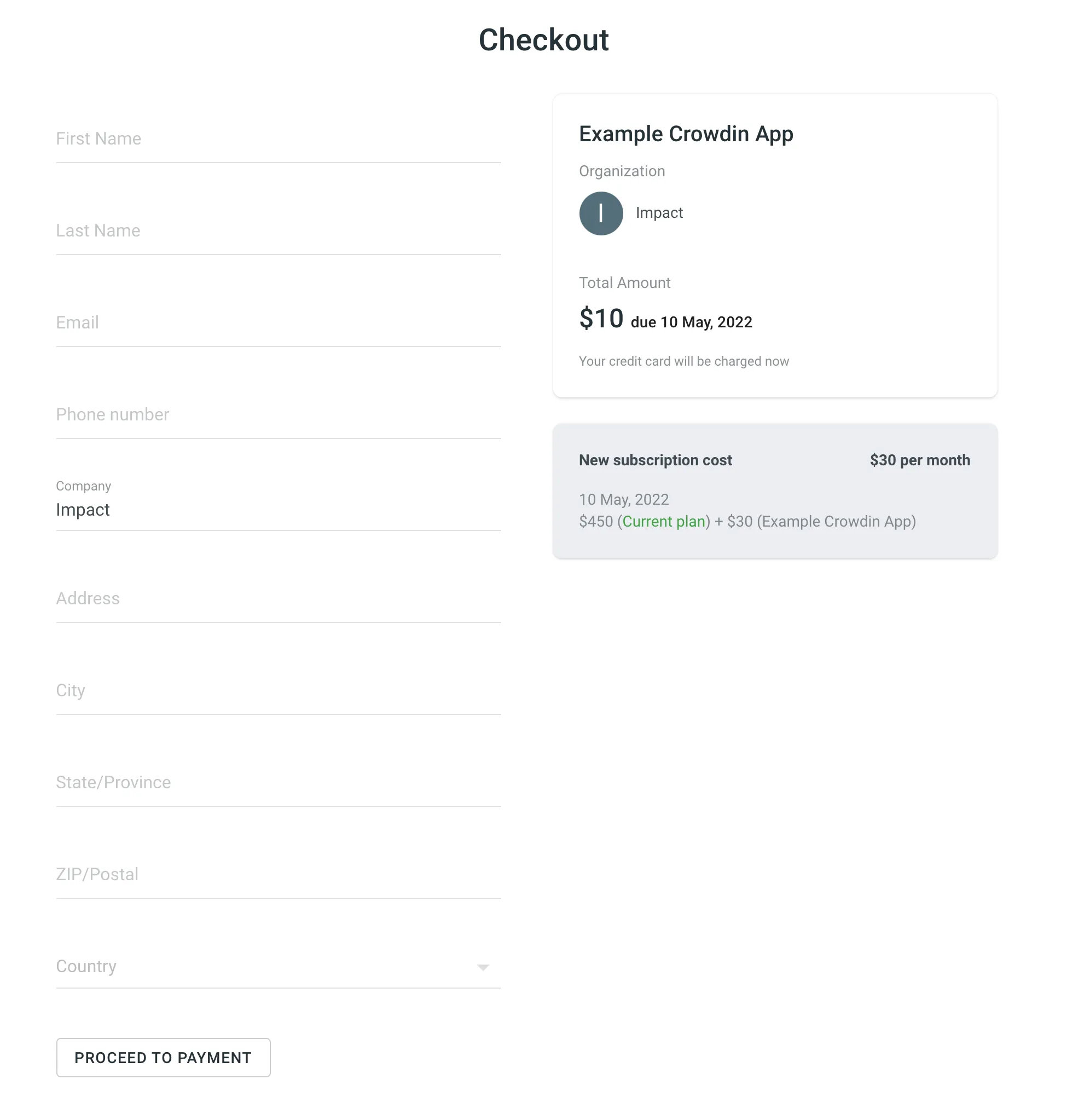 Crowdin Enterprise Checkout Seite