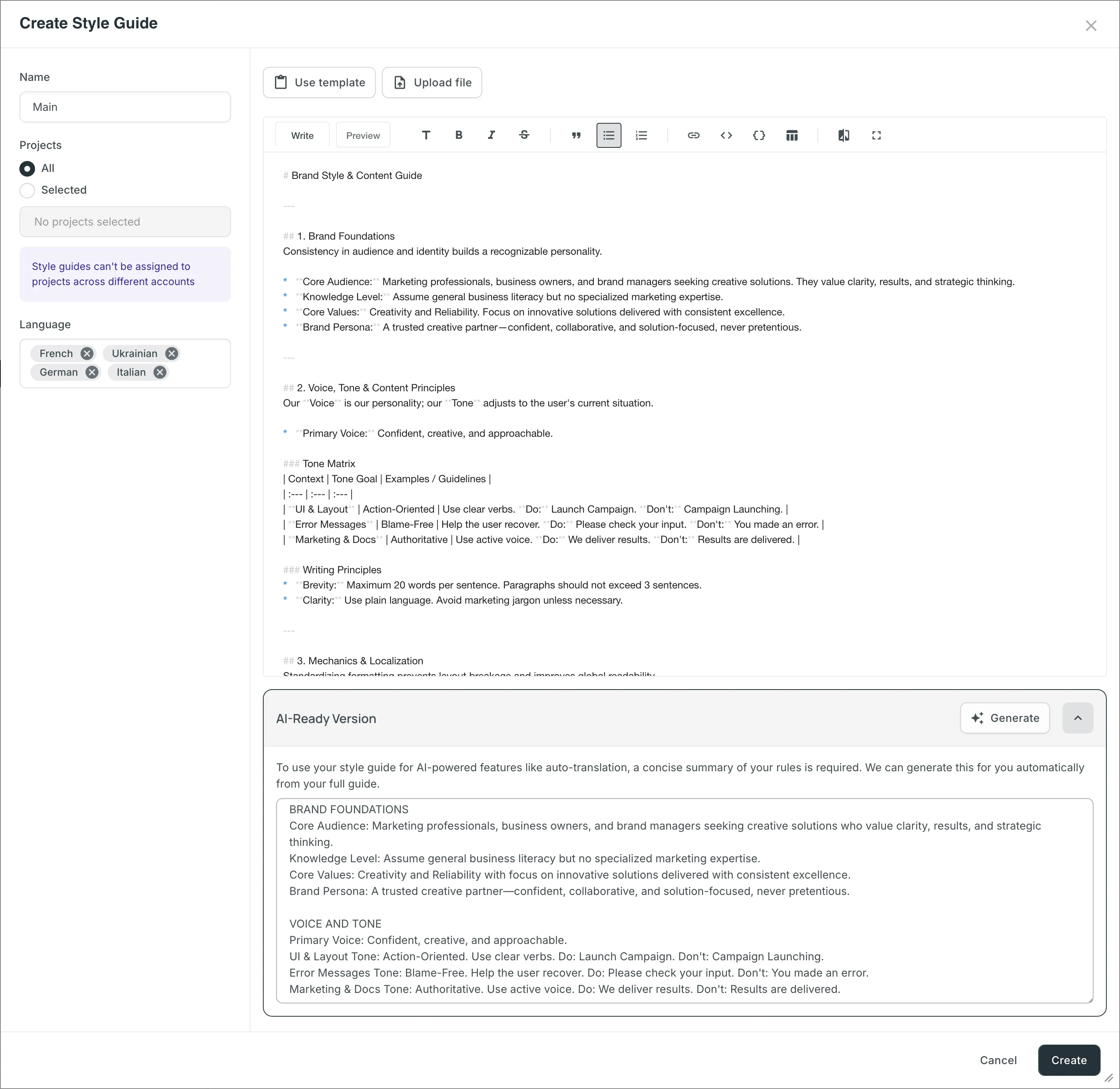 Dialog zum Erstellen eines Style Guides